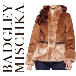 Badgley Mischka Jacket Camel w/Faux Suede Coat with Faux Trim ( SMALL ) NWT $224
